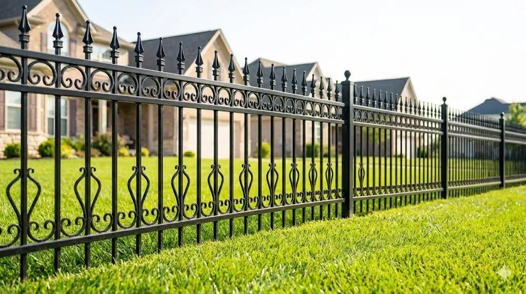 Black ornamental iron fence with spear-top pickets along a sidewalk