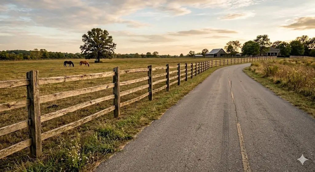 Three-rail wood horse fence along the edge of a pasture