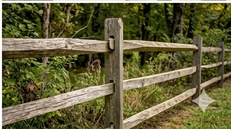 Split rail fence section joining a wood gate post