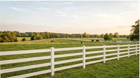 White vinyl ranch rail fence along a driveway