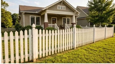 White picket fence with spaced pointed pickets in front of a home